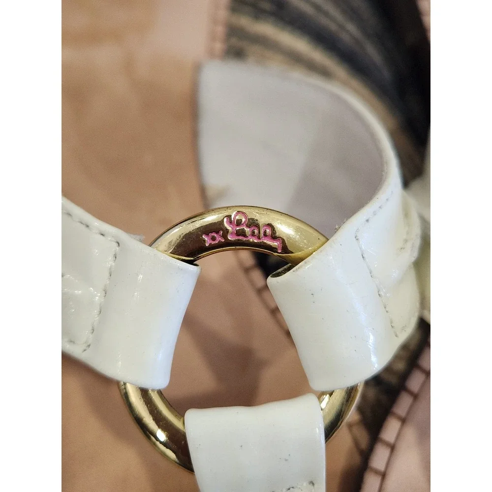 Lilly Pulitzer McKim Sandal Resort White Leather Thong Flat Gold Ring Size 6.5M